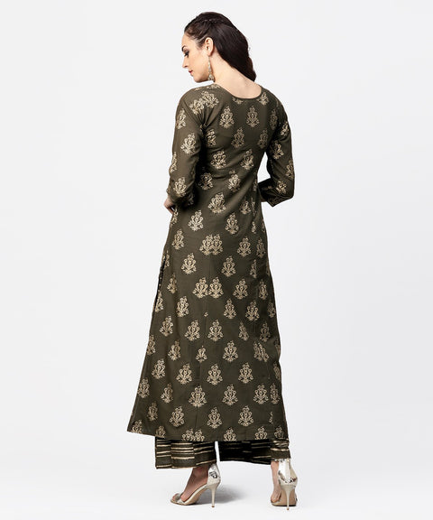 Dark grey printed 3/4th sleeve cotton printed a-line kurta with printed pallazo