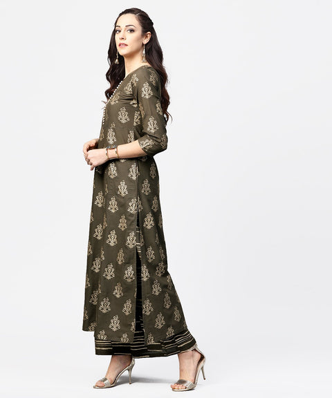 Dark grey printed 3/4th sleeve cotton printed a-line kurta with printed pallazo