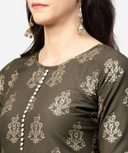 Dark grey printed 3/4th sleeve cotton printed a-line kurta with printed pallazo