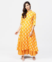 Yellow printed 3/4th sleeve cotton a-line kurta with flared ankle length skirt