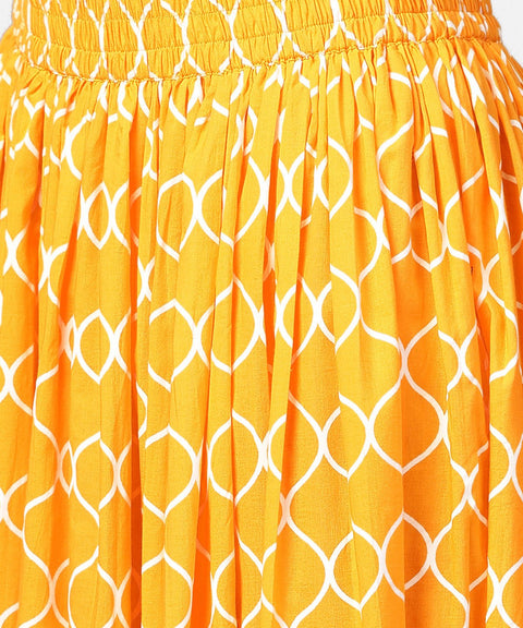 Yellow printed 3/4th sleeve cotton a-line kurta with flared ankle length skirt