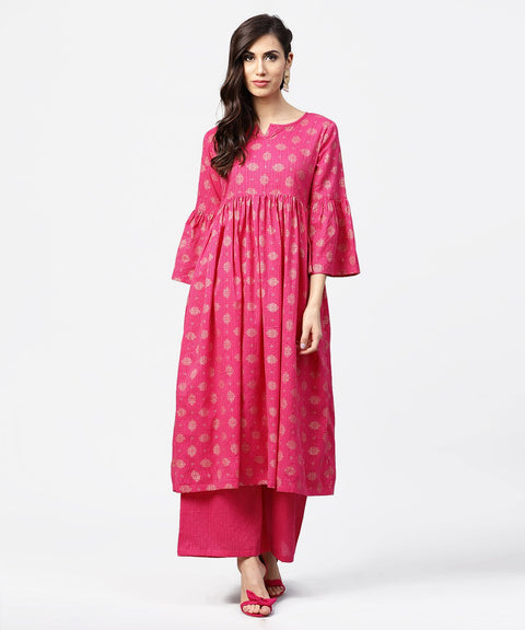 Pink 3/4th flared sleeve cotton anarkali kurta with ankle length pallazo