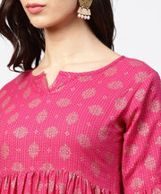 Pink 3/4th flared sleeve cotton anarkali kurta with ankle length pallazo