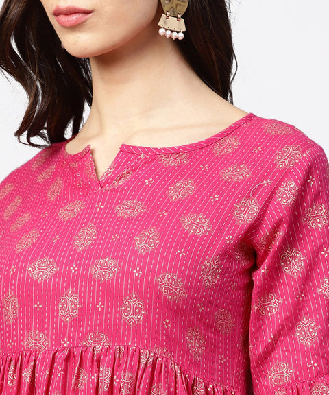 Pink 3/4th flared sleeve cotton anarkali kurta with ankle length pallazo