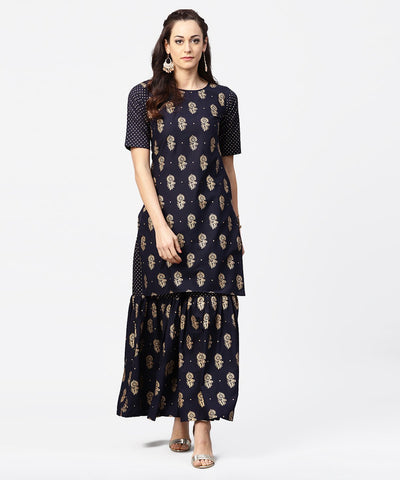 Women Navy blue printed half sleeve kurti with sharara