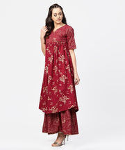 Red printed half sleeve cotton A-line kurta with sharara