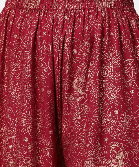 Red printed half sleeve cotton A-line kurta with sharara