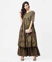 Dark brown printed half skeeve a-line kurta with sharara