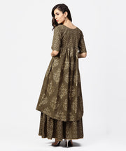 Dark brown printed half skeeve a-line kurta with sharara