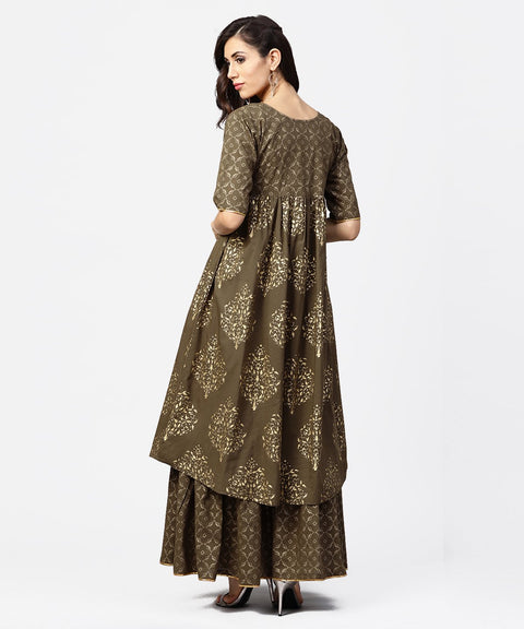 Dark brown printed half skeeve a-line kurta with sharara