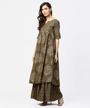 Dark brown printed half skeeve a-line kurta with sharara