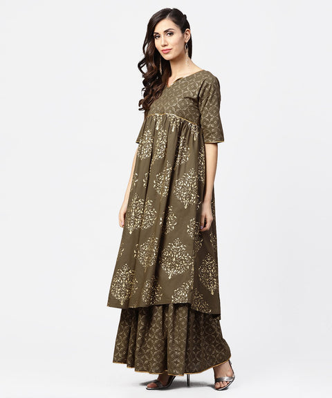Dark brown printed half skeeve a-line kurta with sharara