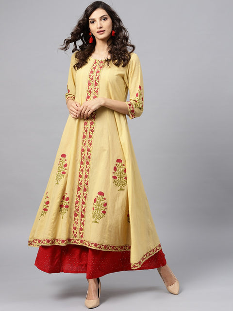 Cream Block printed 3/4th sleeve Panel cut A-line kurta