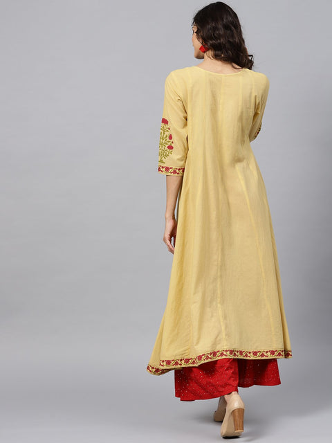 Cream Block printed 3/4th sleeve Panel cut A-line kurta