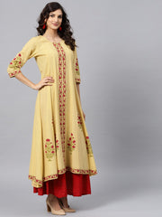 Cream Block printed 3/4th sleeve Panel cut A-line kurta