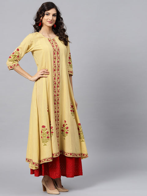 Cream Block printed 3/4th sleeve Panel cut A-line kurta