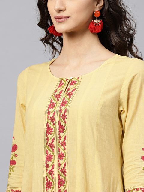 Cream Block printed 3/4th sleeve Panel cut A-line kurta