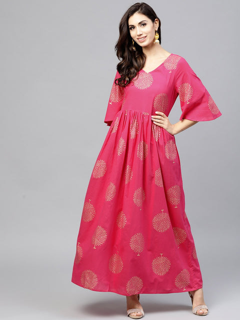 Magenta Printed Maxi dress with V-neck and Flared half slevees
