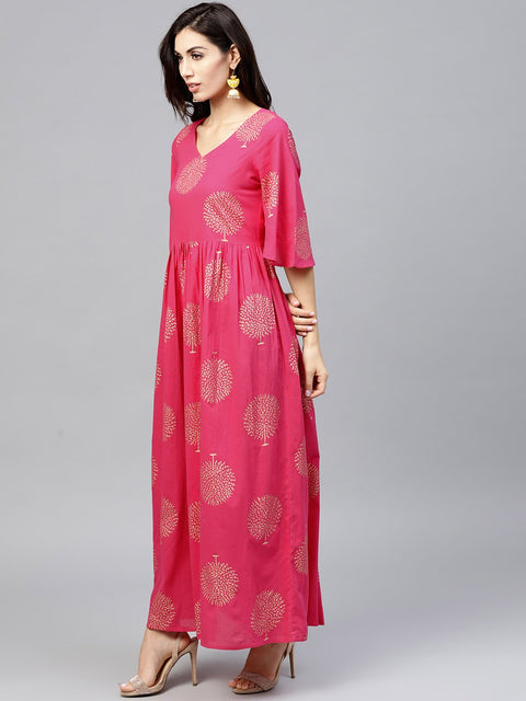 Magenta Printed Maxi dress with V-neck and Flared half slevees