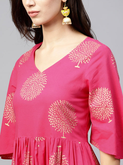 Magenta Printed Maxi dress with V-neck and Flared half slevees