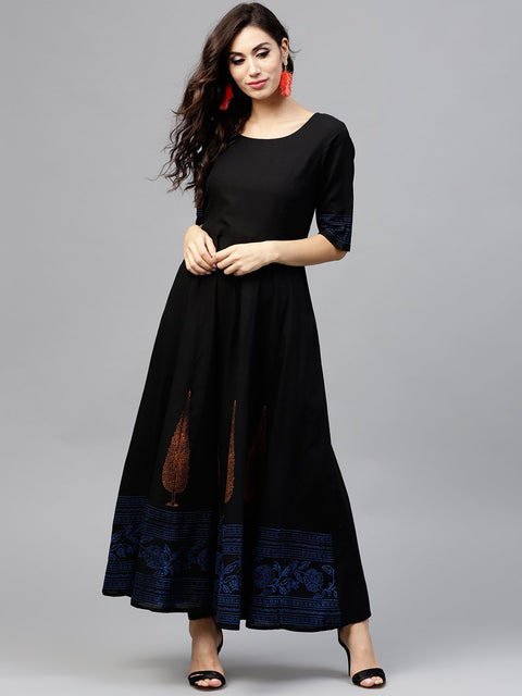 Black Block printed maxi dress with Round neck and  halfsleevs