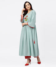 Powder blue 3/4th sleeve cotton anarkali kurta with red palazzo