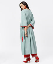 Powder blue 3/4th sleeve cotton anarkali kurta with red palazzo