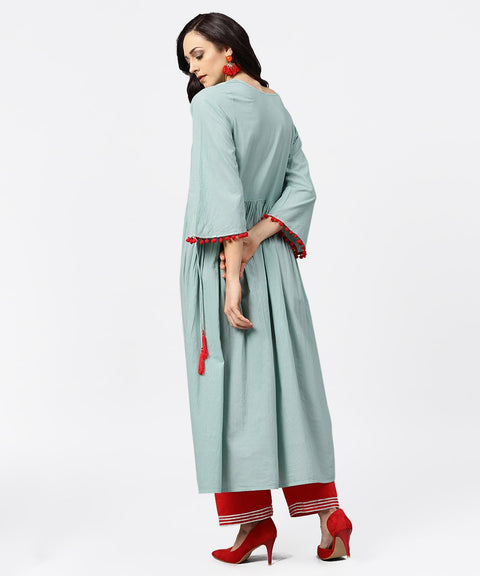 Powder blue 3/4th sleeve cotton anarkali kurta with red palazzo