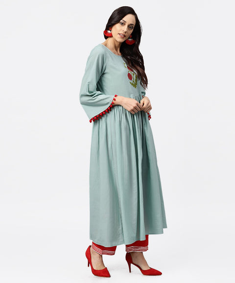 Powder blue 3/4th sleeve cotton anarkali kurta with red palazzo