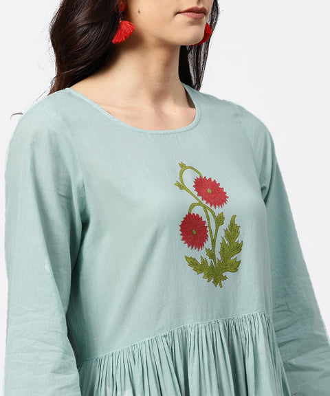 Powder blue 3/4th sleeve cotton anarkali kurta with red palazzo