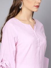 Baby pink Kurta set with White Embroidered Straight pant