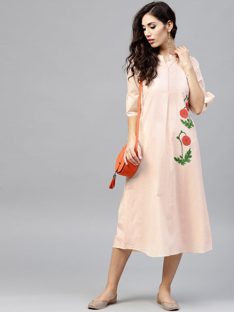 Light Peach Madarin collar Dress with Front Placket and Half sleeves