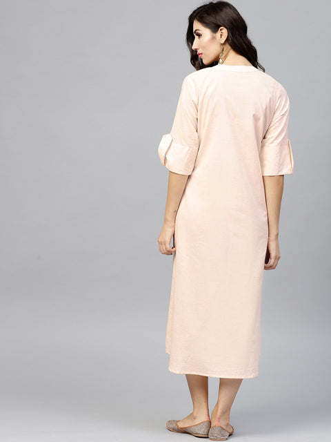 Light Peach Madarin collar Dress with Front Placket and Half sleeves