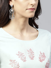 Powder Blue Block Printed Dress with Round Neck and 3/4 sleeves