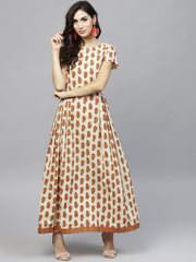 Off white Printed Maxi Dress with Round Neck and Half sleeves