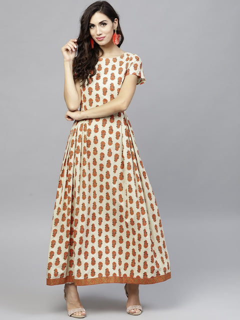 Off white Printed Maxi Dress with Round Neck and Half sleeves