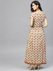 Off white Printed Maxi Dress with Round Neck and Half sleeves