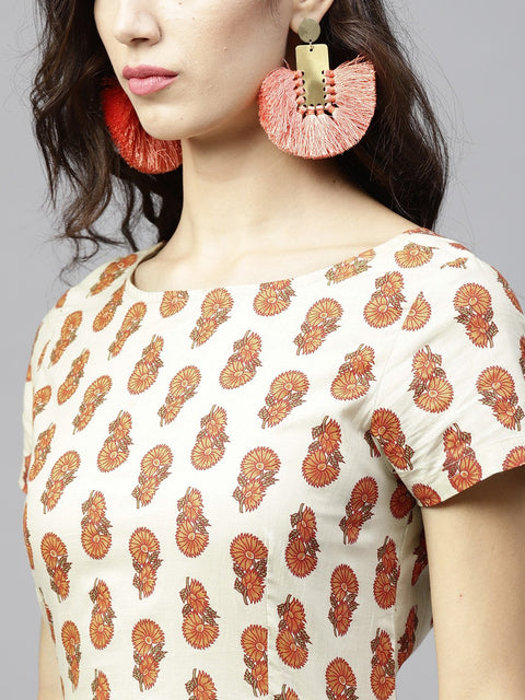 Off white Printed Maxi Dress with Round Neck and Half sleeves