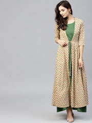 Dark green Maxi Dress with Detachable Printed Jacket