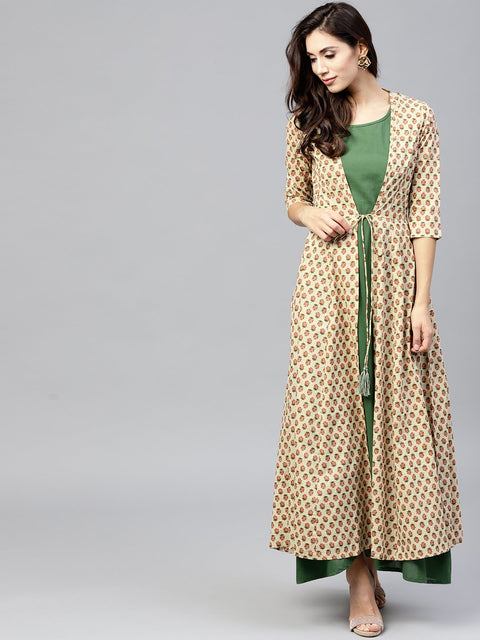 Dark green Maxi Dress with Detachable Printed Jacket