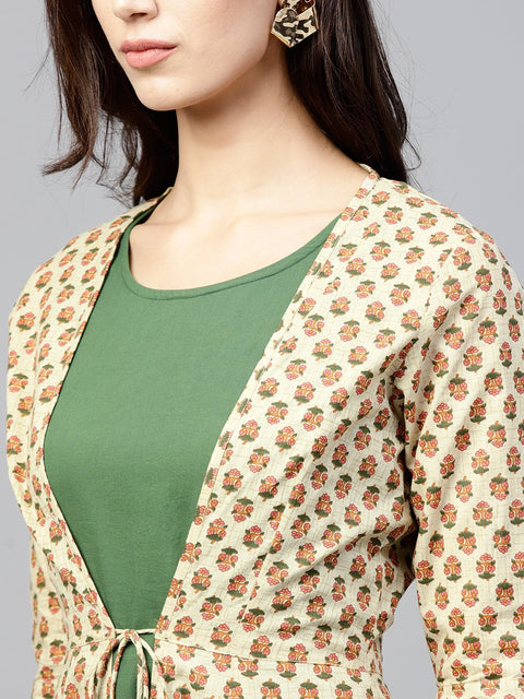 Dark green Maxi Dress with Detachable Printed Jacket