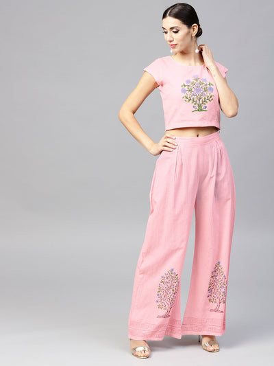 Pink cap sleeve block printed cotton Crop top with block printed palazzo