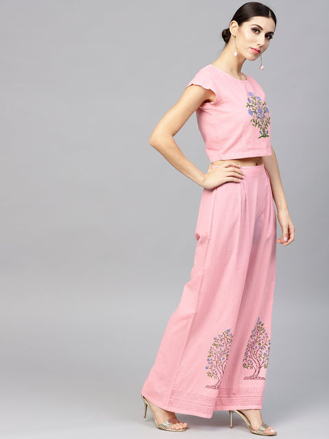 Pink cap sleeve block printed cotton Crop top with block printed palazzo