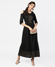 Green Block Printed maxi dress with Cape collar and Cold Shoulders