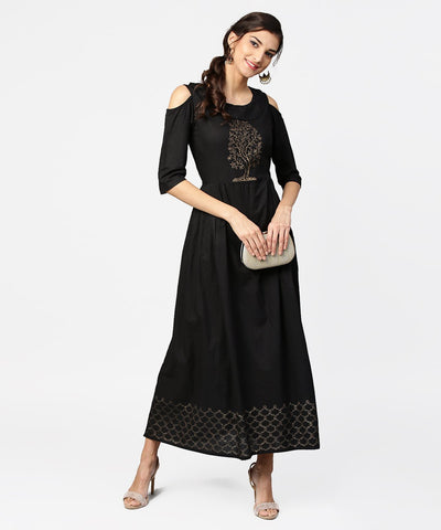 Green Block Printed maxi dress with Cape collar and Cold Shoulders