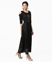 Green Block Printed maxi dress with Cape collar and Cold Shoulders