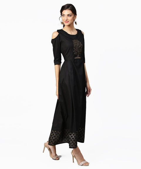 Green Block Printed maxi dress with Cape collar and Cold Shoulders