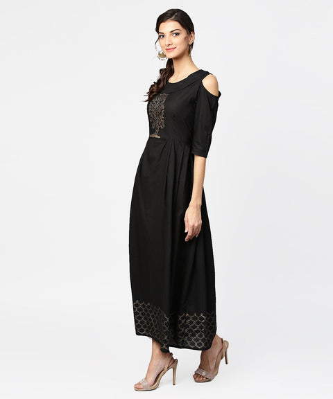 Green Block Printed maxi dress with Cape collar and Cold Shoulders