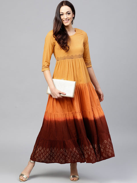Multi Colored tie and dye Tiered block printed Maxi dress with Round neck and 3/4 sleeves