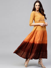 Multi Colored tie and dye Tiered block printed Maxi dress with Round neck and 3/4 sleeves